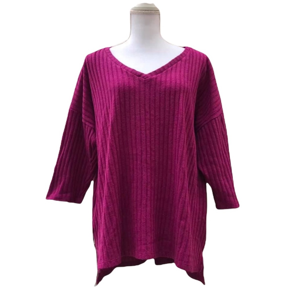 Faded Glory Magenta V-neck High Low Side Slit Sweater